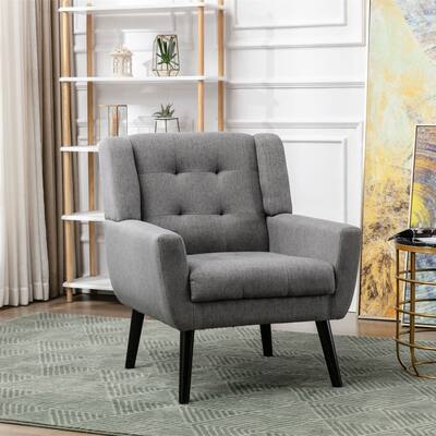 Light Gray Linen 29.53" Upholstered Tufted Accent Chair with Solid Black Wood Legs