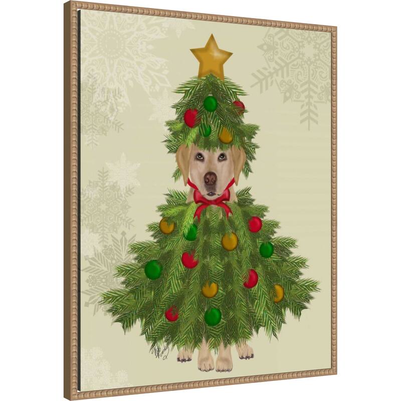 Yellow Labrador Christmas Tree Costume by Fab Funky (23 x 28 in.), Framed Canvas Wall Art Print - Sylvie Beaded Rustic Natural