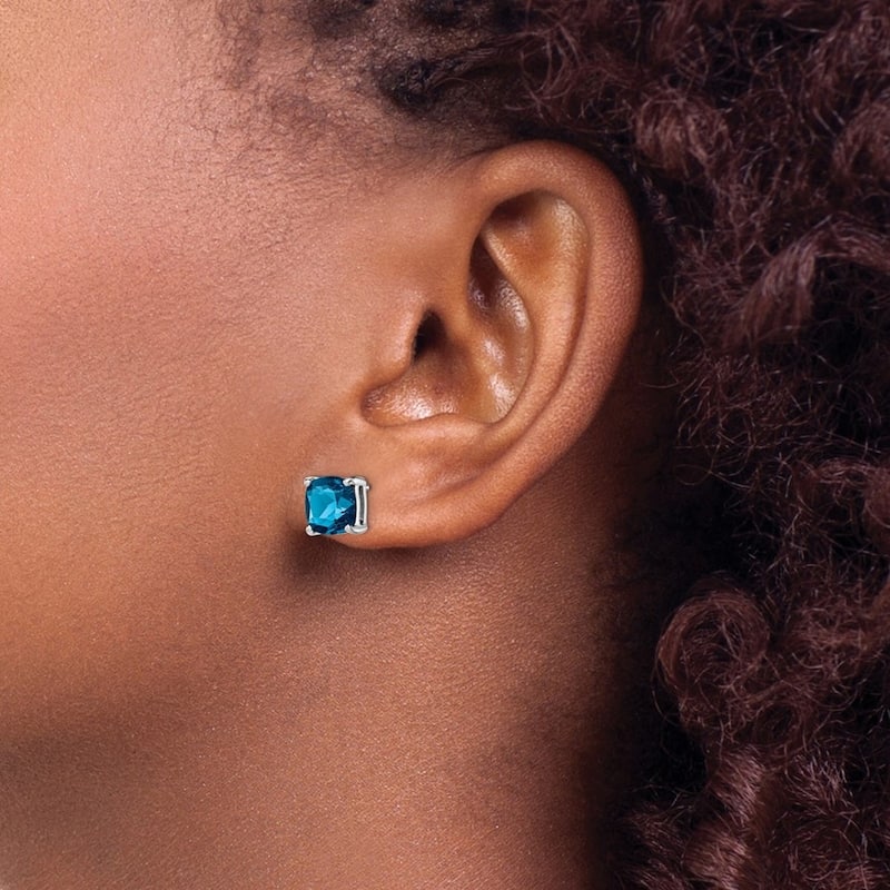 Curata 925 Sterling Silver Polished Rhodium Plated 7mm London Blue Topaz Post Earrings