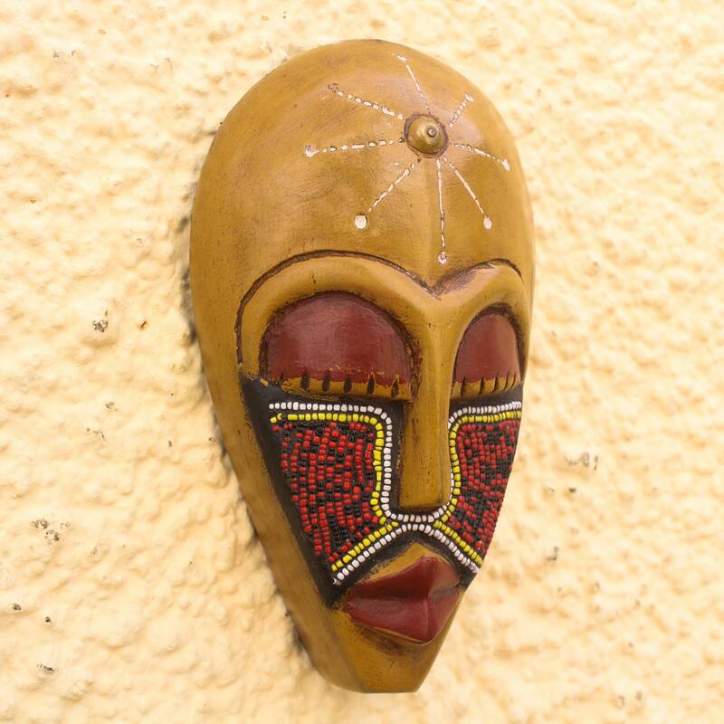 Novica Handmade Eco Esbuna Recycled Glass Beaded African Wood Mask