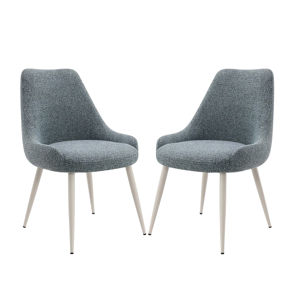 Set of 2 Boucle Upholstered Dining Side Chairs with Splayed Legs in Light Blue and White