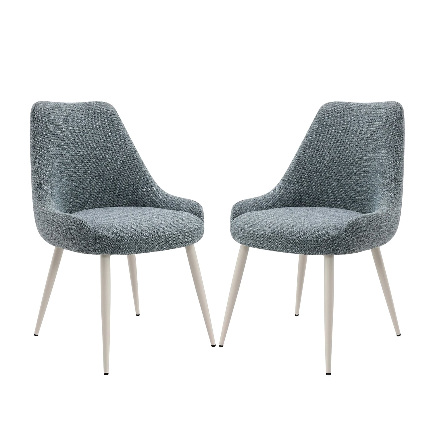 Set of 2 Boucle Upholstered Dining Side Chairs with Splayed Legs in Light Blue and White