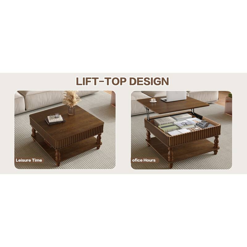 Roomfitters 31.5" Square Lift Top Coffee Table, Fluted Storage Center Table with Hydraulic Mechanism and Solid Wood Legs