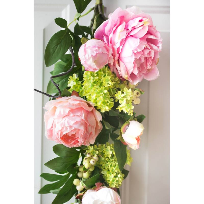 24" Peony and Hydrangea Artificial Spring Teardrop Swag, Unlit