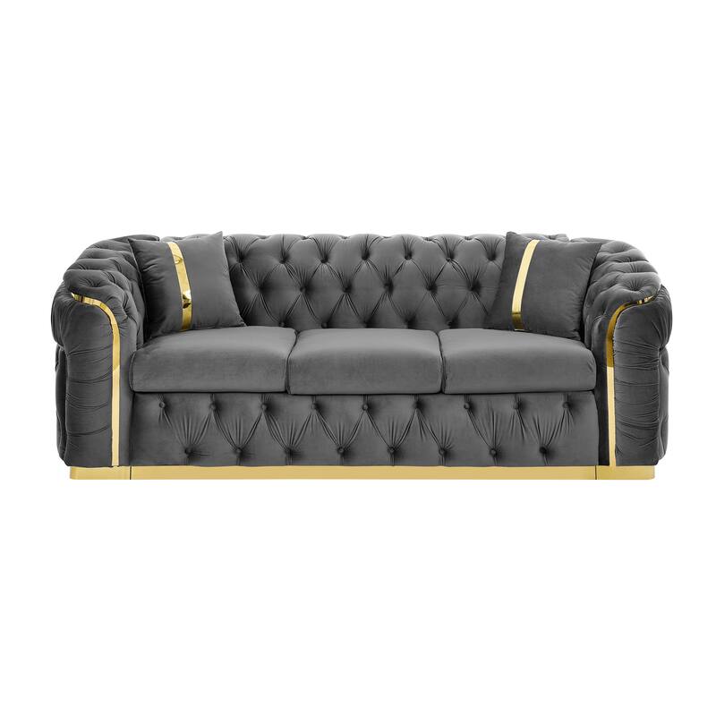 90.6" Velvet 3-Seater Sofa with 2 Pillows High-Density Cushions, Gold Accents, and Pillows