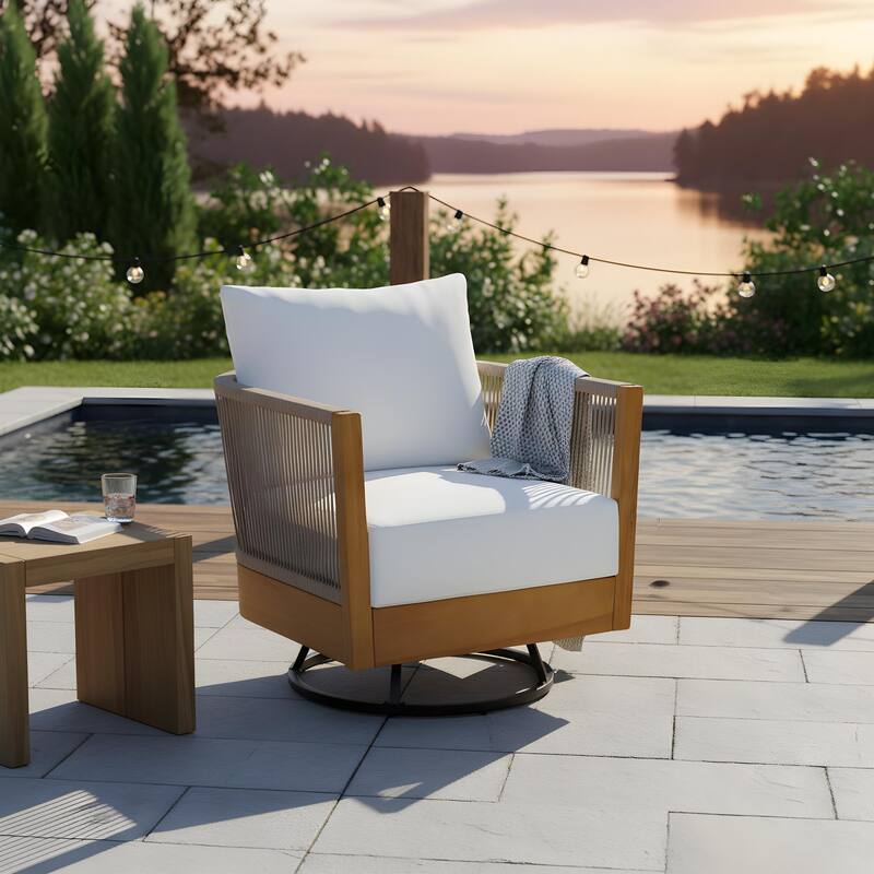 Christopher Knight Home - Modern 2-Piece Outdoor Acacia Wood Swivel Chair with Rope Design - Single - Beige+Natural
