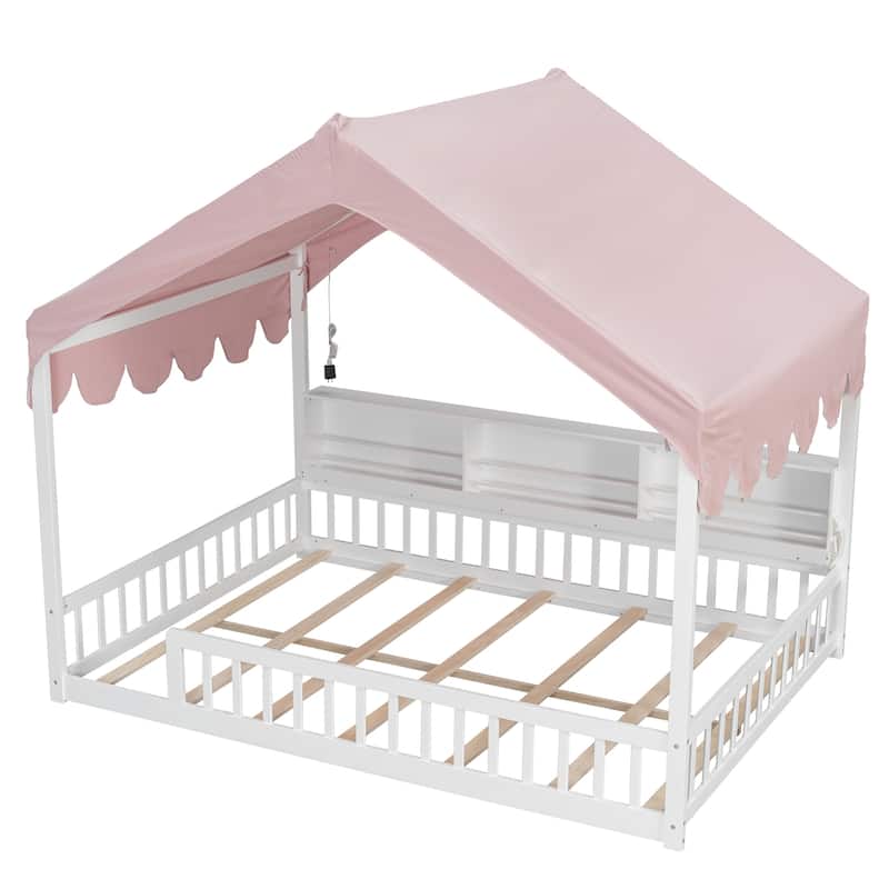 Full Size House-Shaped Daybed with Storage Bookshelves, Canopy Curtain and LED Light, Wooden Floor Bed with Fence