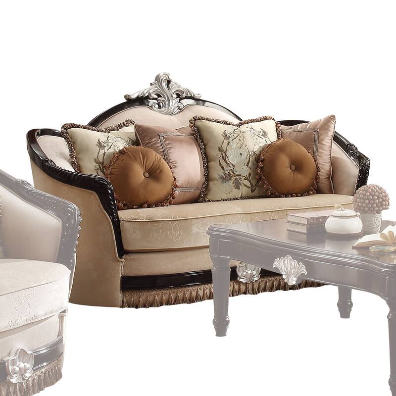 HomeRoots 75" Tan Velvet Curved Loveseat and Toss Pillows