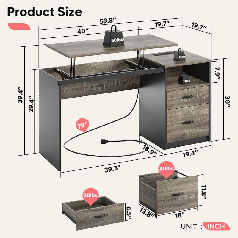 Computer Desk Lift Top Desk with Outlet and Drawers File Cabinet
