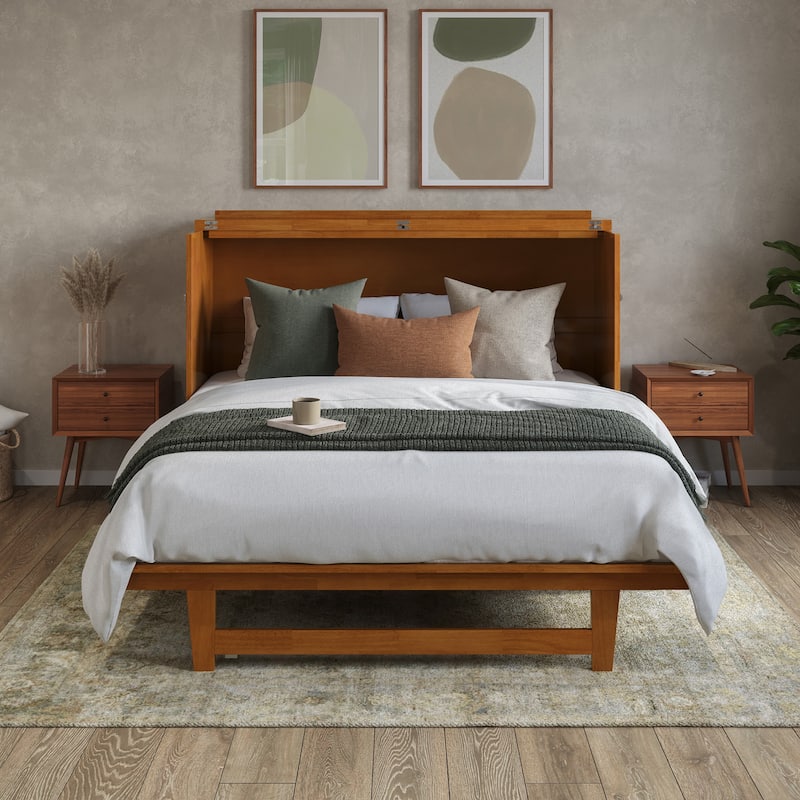 Northfield Queen Murphy Bed Chest with 6" Mattress, Storage Drawer & Built-In Charger in Light Toffee