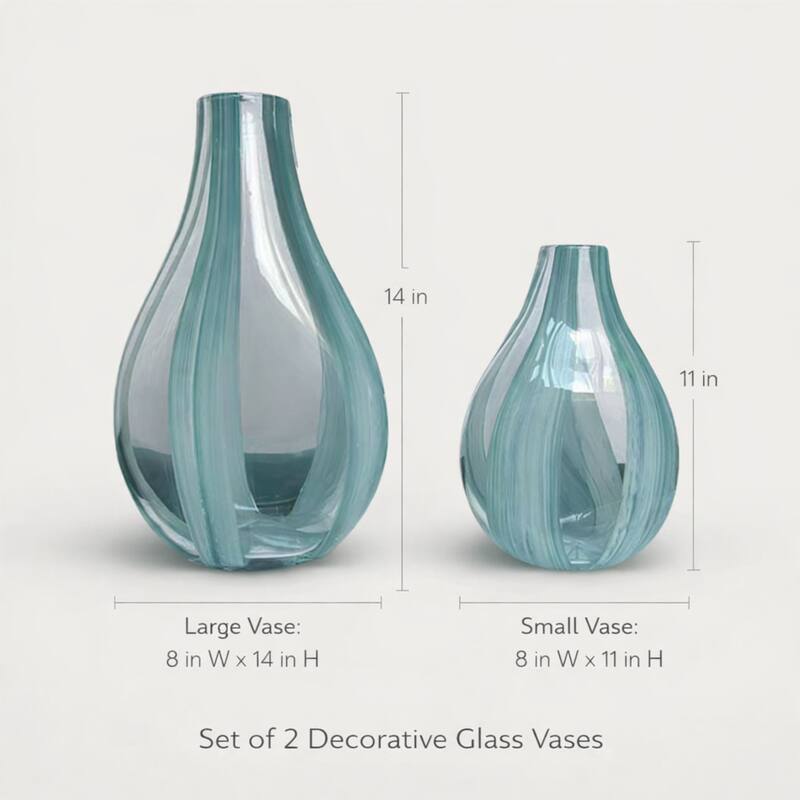 Green Striped Tear Drop Glass Set of Two Elegant Art Deco Vases