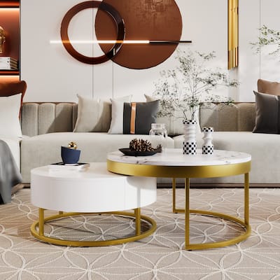 Modern Round Nesting Coffee Table with Drawers and Gold Metal Base