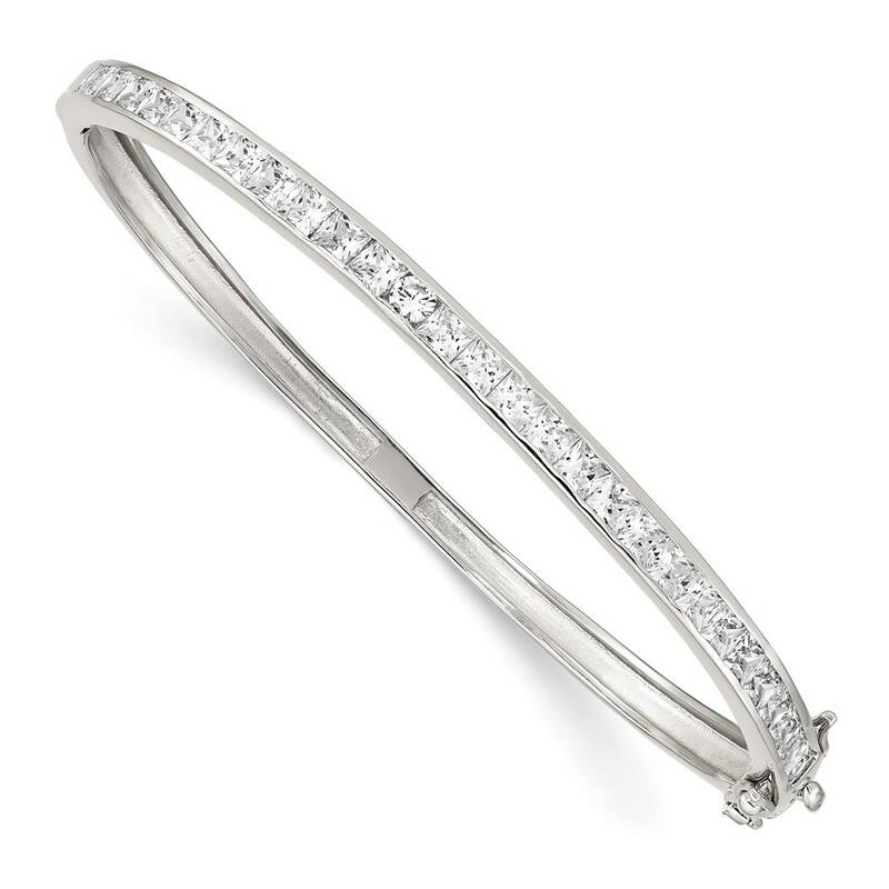 Curata 925 Sterling Silver Polished Safety bar Box Catch Closure CZ Cubic Zirconia Simulated Diamond Hinged Cuff Stackable