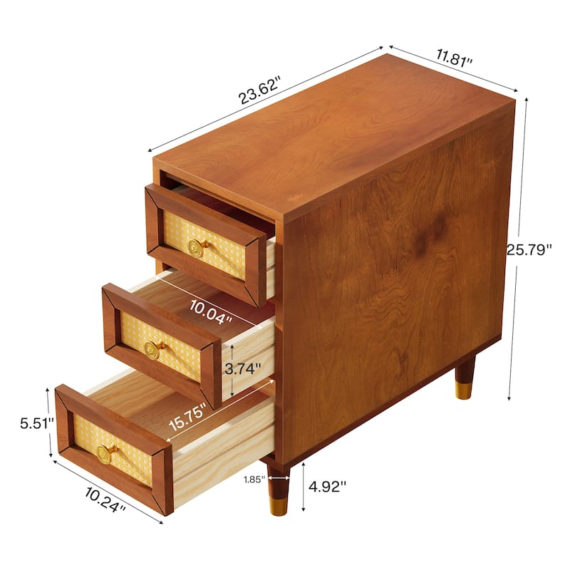 Solid Wood End Table with 3 Drawers, Narrow Sofa Side Table