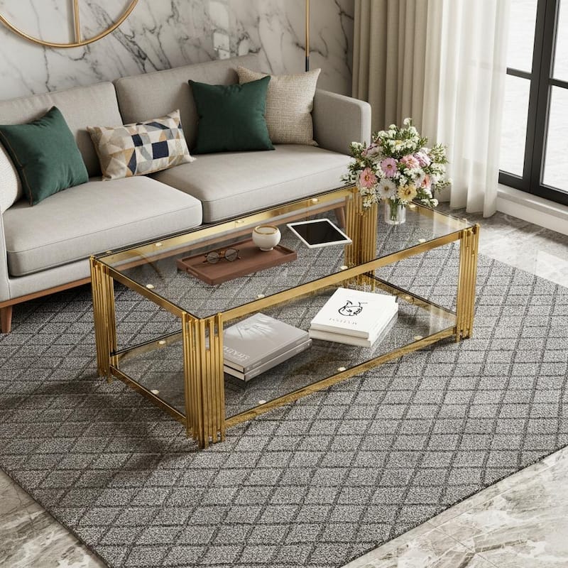 Rectangular Gold & Glass Coffee Table with 2-Tier Shelf by Harper&Bright Designs