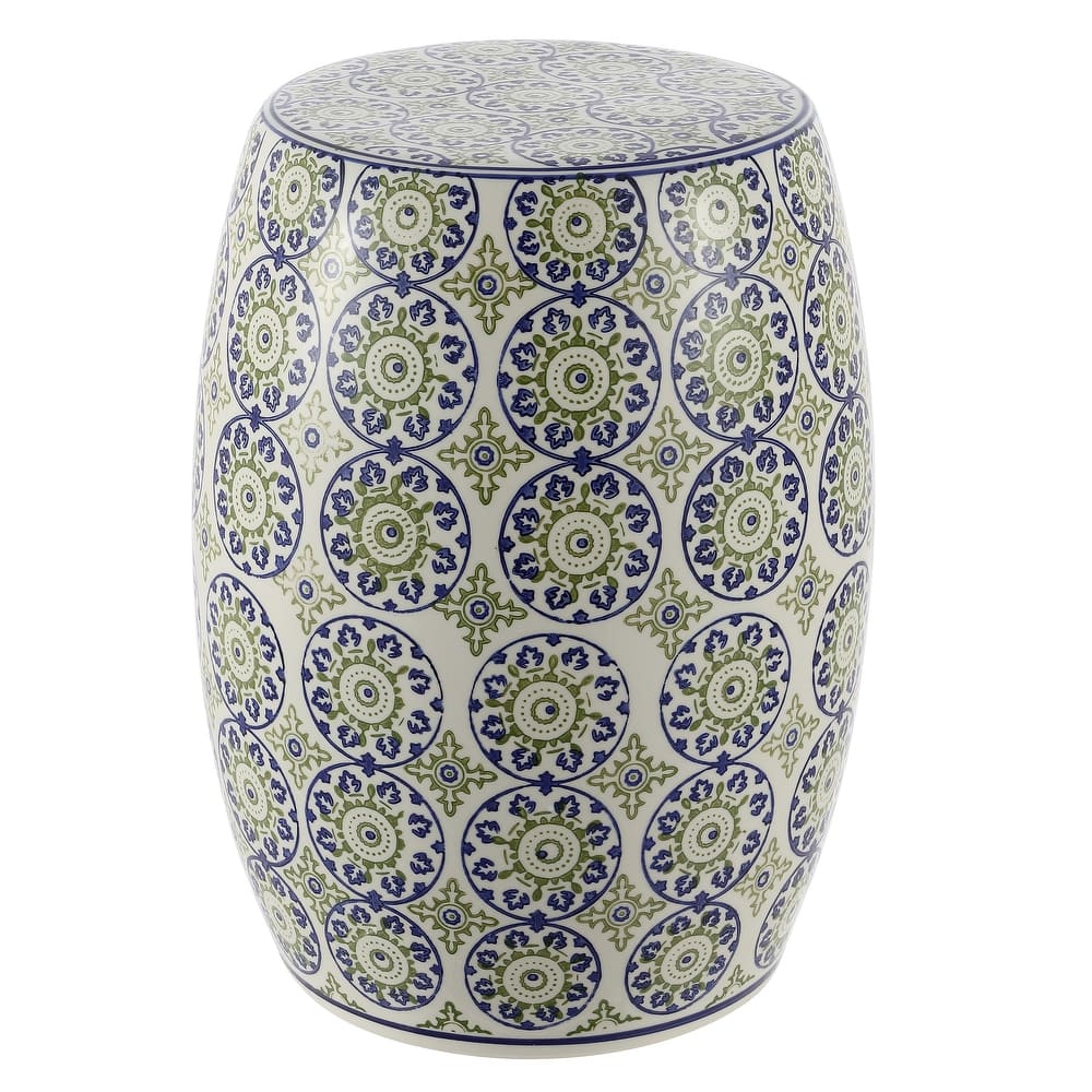 Chiara 17.25" Suzani Ceramic Garden Stool, Blue/Green, by JONATHAN Y