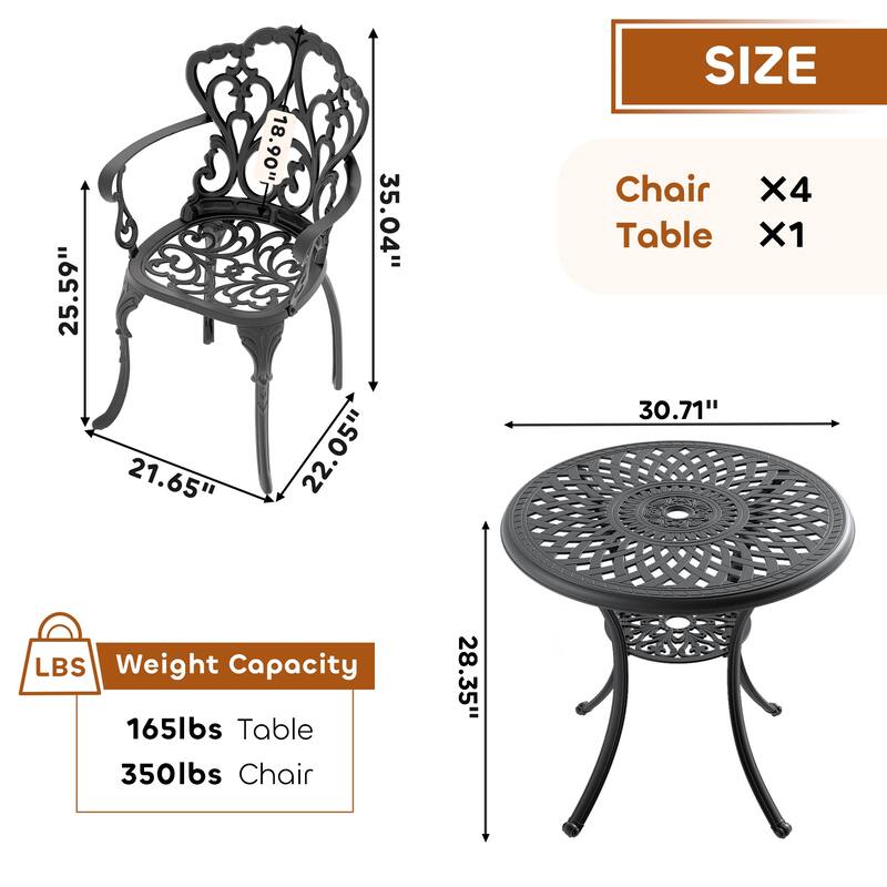 3/5-Piece Cast Aluminum Outdoor Dining Set with 30.71 in. Round Table and Random Color Cushions