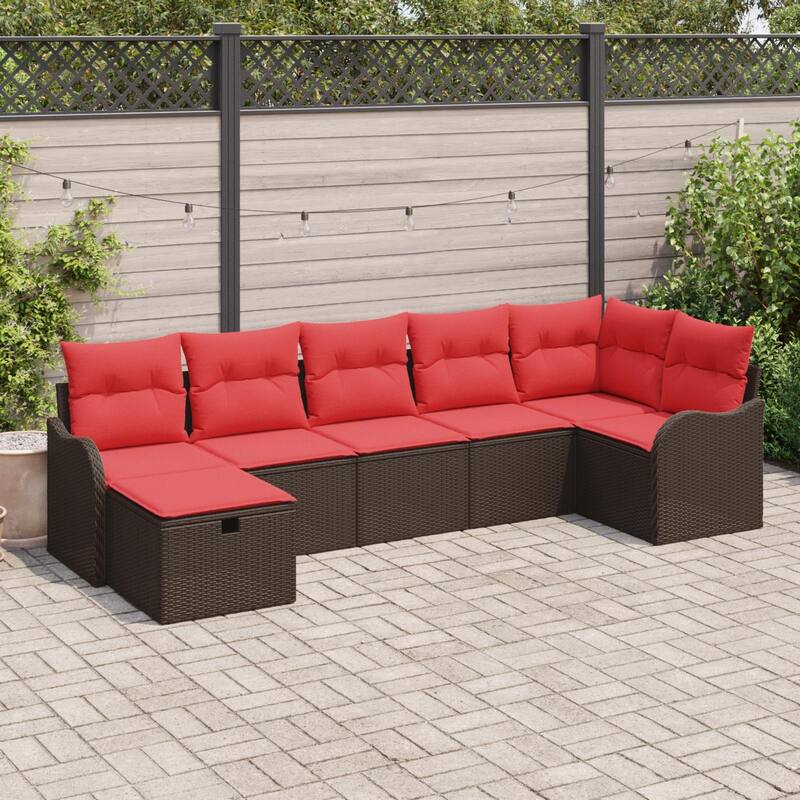vidaXL 7/8 Garden Sofa Set with Cushions Black/Brown/Grey Poly Rattan - 113.2 x 48.2 x 27.2 - Brown without table