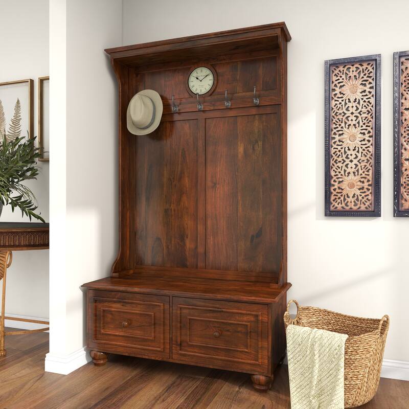 Brown Wood Large Tall Bench Storage 5 Hook and 2 Drawer Freestanding Coat Rack with Cream Clock