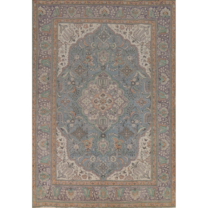Blue Tabriz Persian Area Rug Hand-Knotted Bedroom Wool Carpet - 6'9"x 9'5"