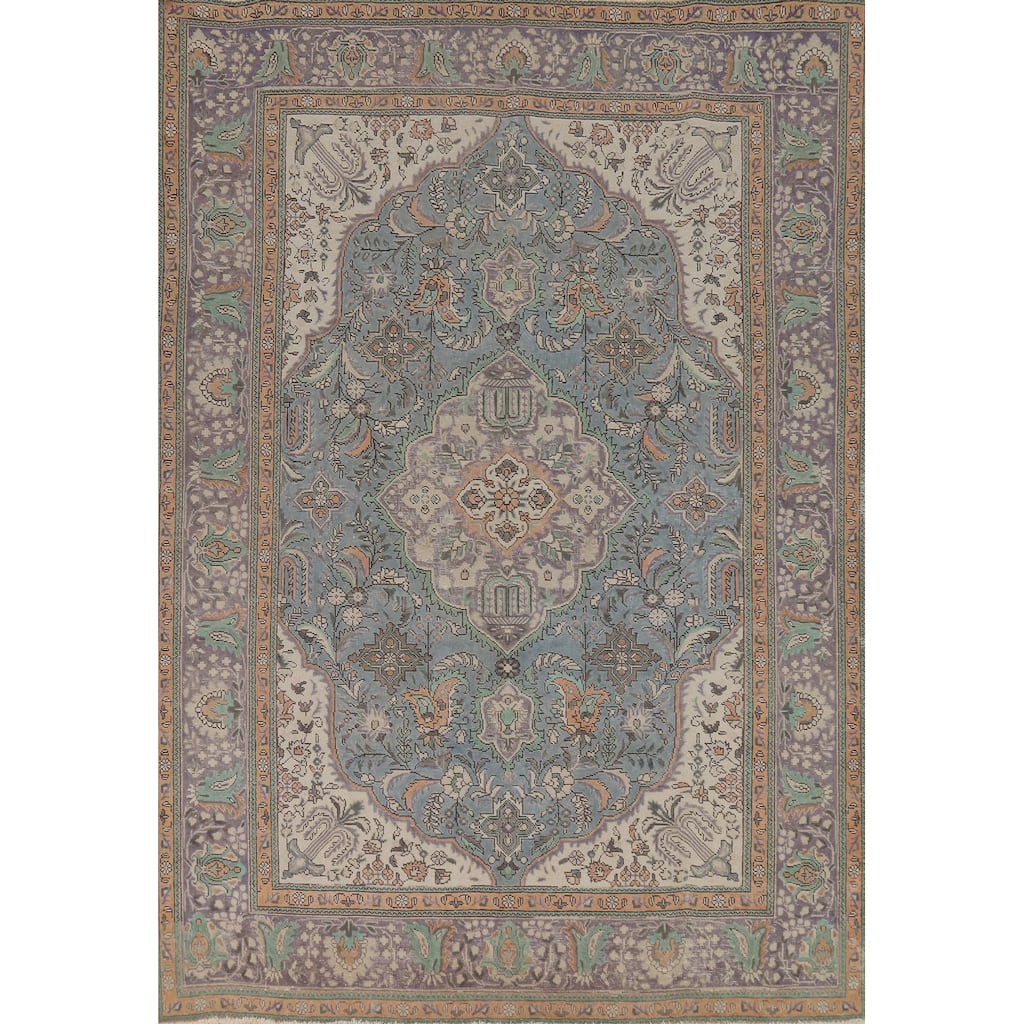 Blue Tabriz Persian Area Rug Hand-Knotted Bedroom Wool Carpet - 6'9"x 9'5"