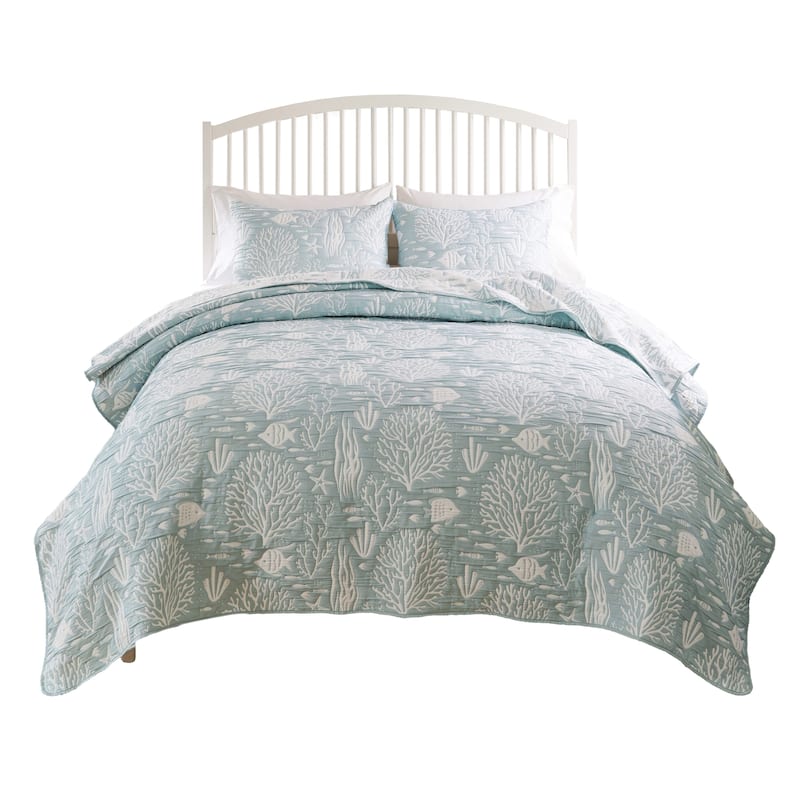 Amy 3pc Cal King Coverlet and Pillow Sham Set, Coastal Design, Seafoam Blue