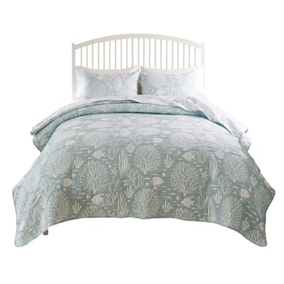 Amy 3pc Cal King Coverlet and Pillow Sham Set, Coastal Design, Seafoam Blue