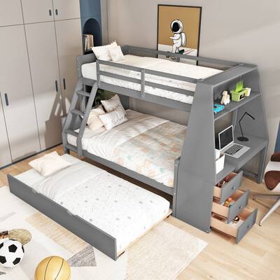 Twin over Full Bunk Bed with Trundle and Built-in Desk