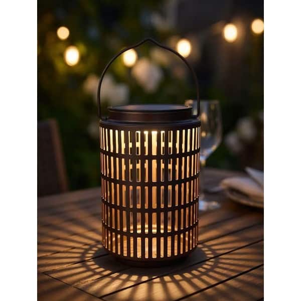 Solar Powered Outdoor Lantern, 8 Inch, Waterproof, Hanging Or Wall Mount, Warm Glow, Brown Metal Cage Design KANSTAR