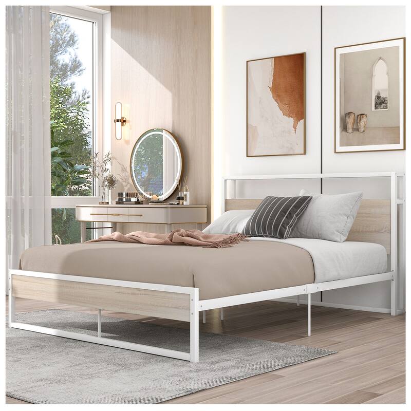 Metal Bed Frame Queen Size - Metal Bed Frame Full w/ USB - White