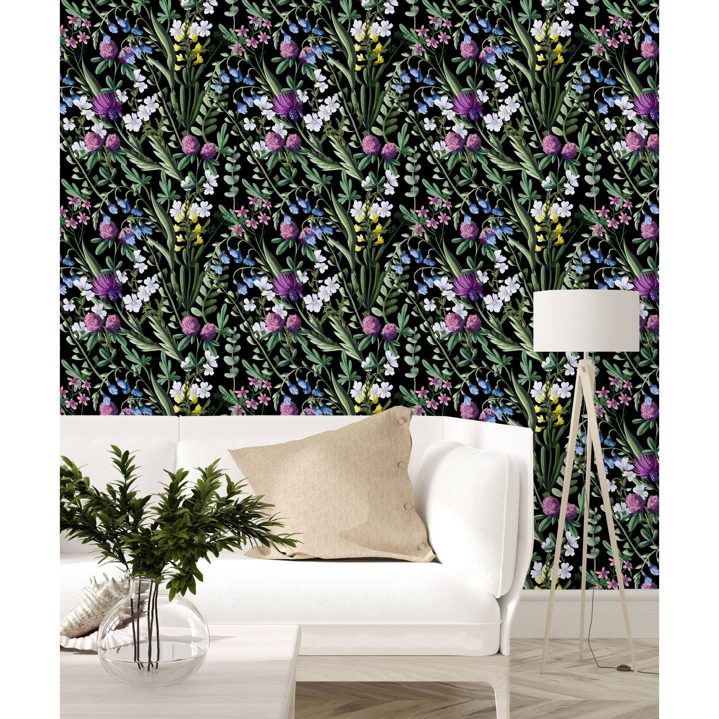 Forest Flowers on Black Background Wallpaper - Bed Bath & Beyond - 34988265
