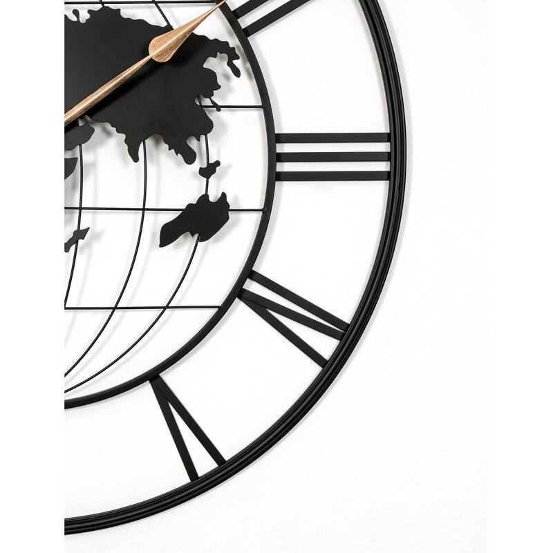 36 in Large Black Metal with Gold Pointers Silent World Map Wall Clock - 35.5 in