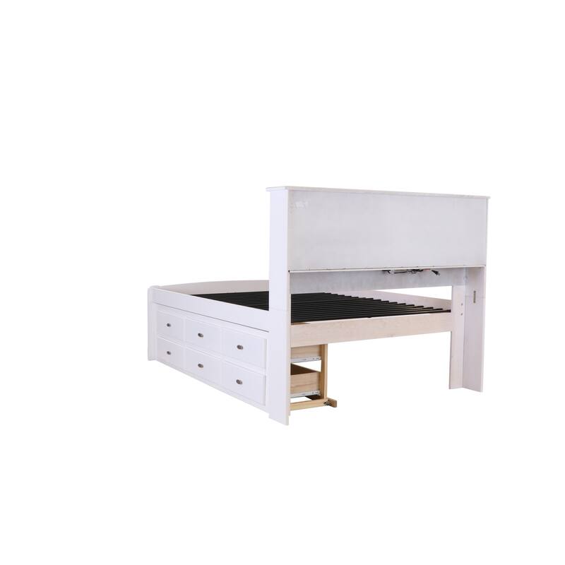Full Size Bookcase Bed with Drawers - Solid Pine Bed Frame - Under Bed Storage - Casual White Finish