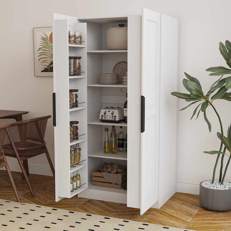 Double Door Pantry Cabinet, Freestanding Buffet Cupboards Sideboard w/ Shelves, Kitchen Pantry Storage Cabinet for Dinning Room - White