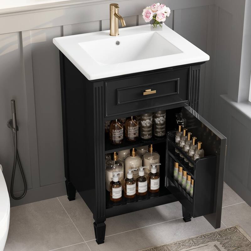 20" Bathroom Vanity, Sink with Solid Wood Legs, Adjustable Shelf, Tilt-Out Drawer