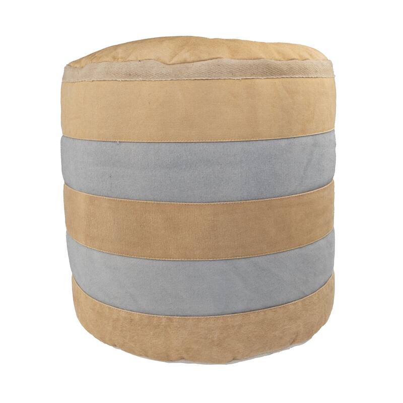 16" Beige and Gray Farmhouse Striped Handmade Round Pouf Ottoman