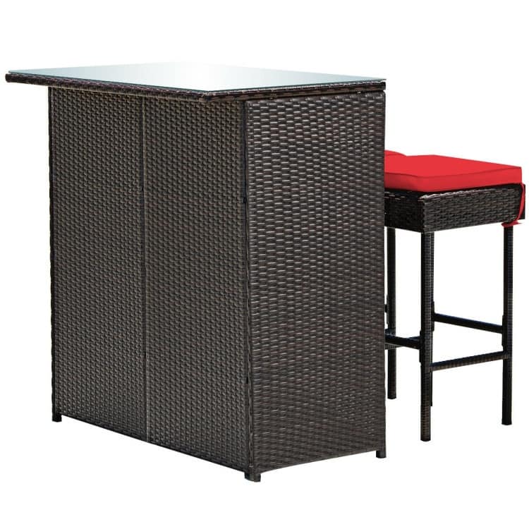 3-Piece Patio Rattan Wicker Bar Set with 2 Cushioned Stools for Outdoor Entertaining - 40" x 24" x 41.5" (L x W x H)