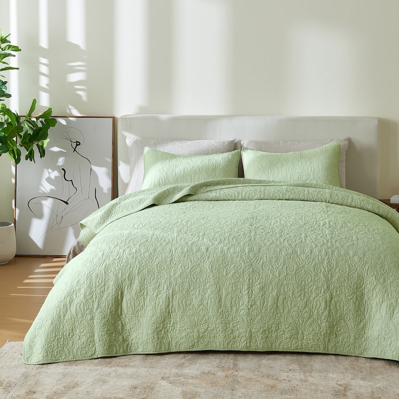 Patina Vie Maison 100% Cotton Stitched 3 Piece Quilt and Sham Set - Green - Heirloom - King