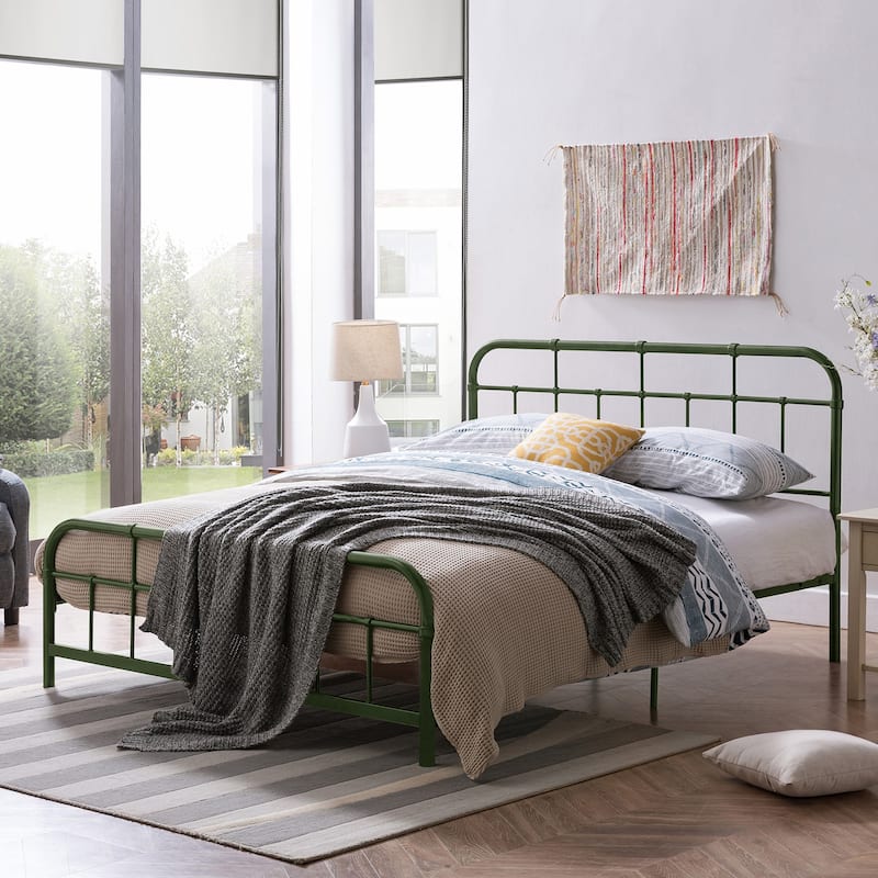 Christopher Knight Home - Aurelio Iron Platform Bed Frame with Rounded Corner Headboard and Footboard - Antique Green_Queen - Queen