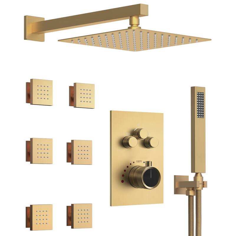GRANDJOY Thermostatic Shower Faucet System Rainfall 12" Wall Mount Shower Faucet 6 Body Jets Handheld Spray High Pressure