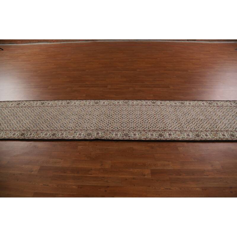 Hand Knotted Oriental Wool & Silk Carpet Traditional Floral Beige & Ivories Tabriz Runner Rug - 20' 4'' X 2' 7''