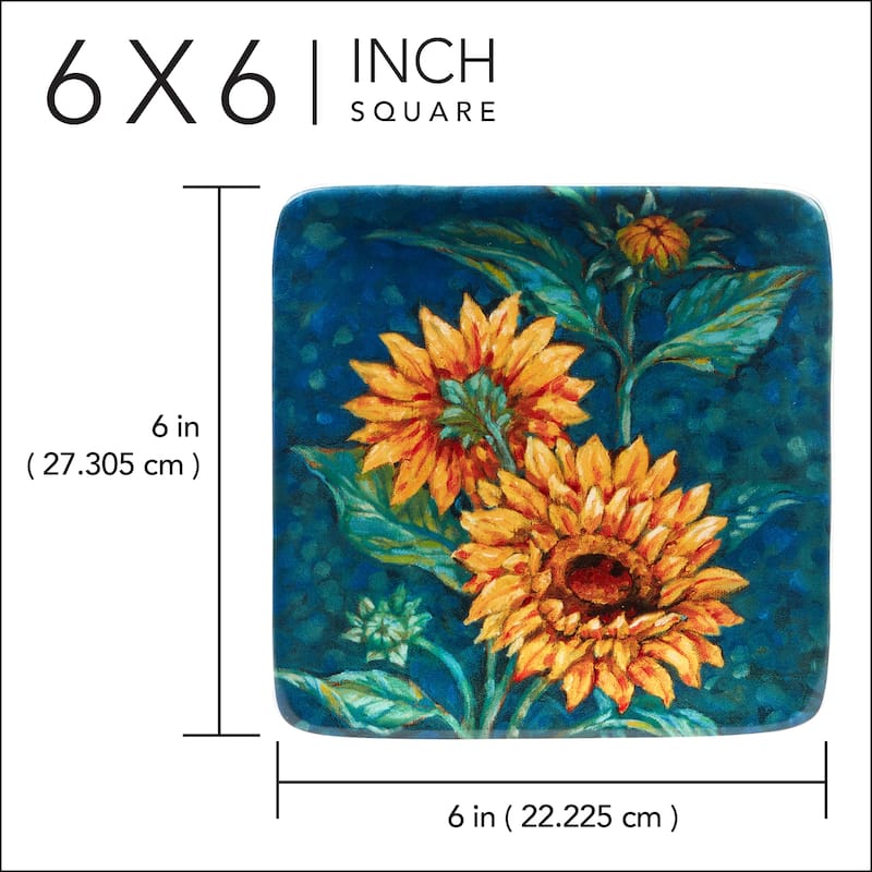Certified International Golden Sunflowers Set of 4 Canape Plates - 6" x 6" x 0.75"