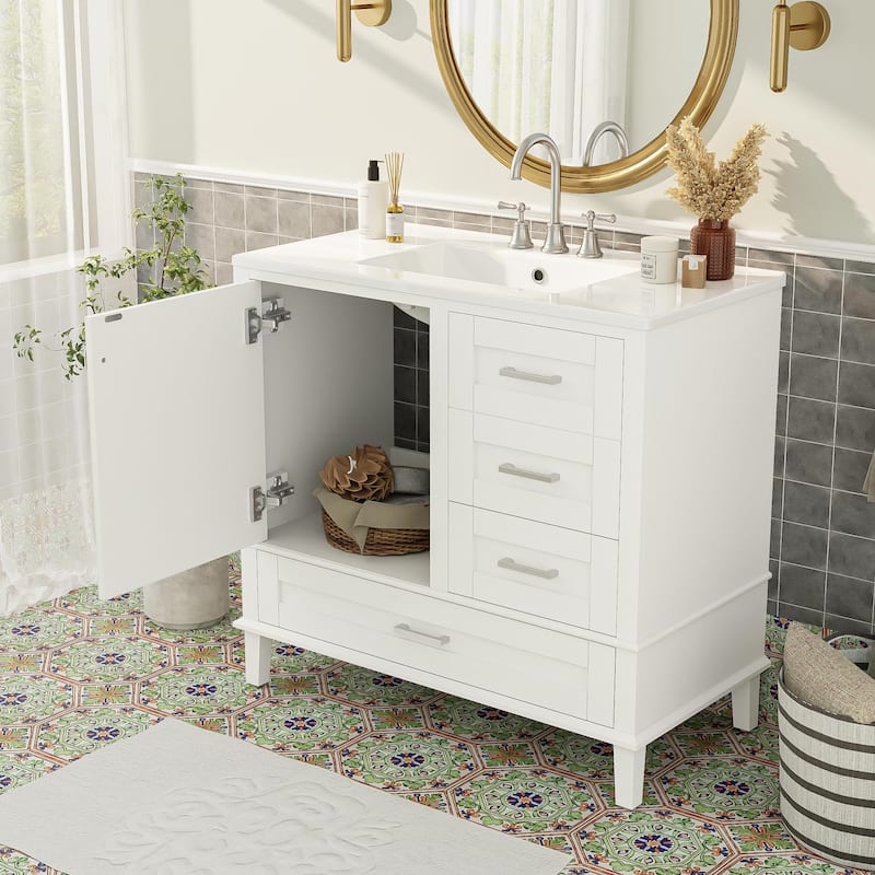 GDFStudio - Aurea Wood & Ceramic 36" Bathroom Vanity with Sink, Soft-Close Door & 3 Drawers