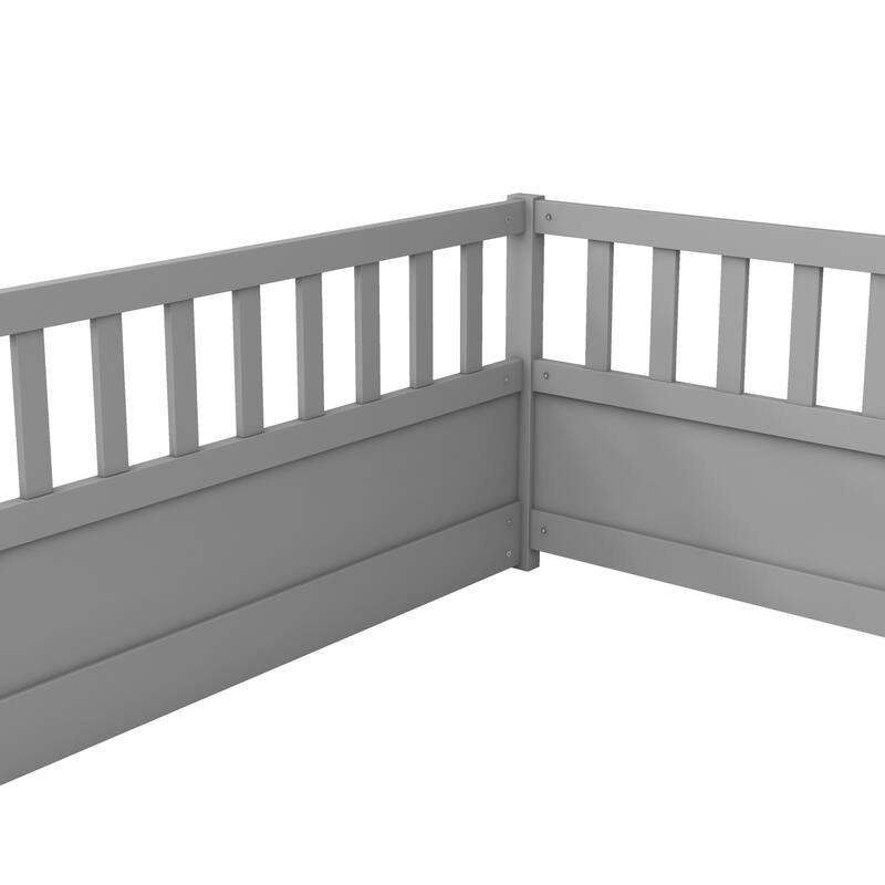 Full Size Floor Bed with High Security Barrier, Montessori Wooden Bed Frame, Grey