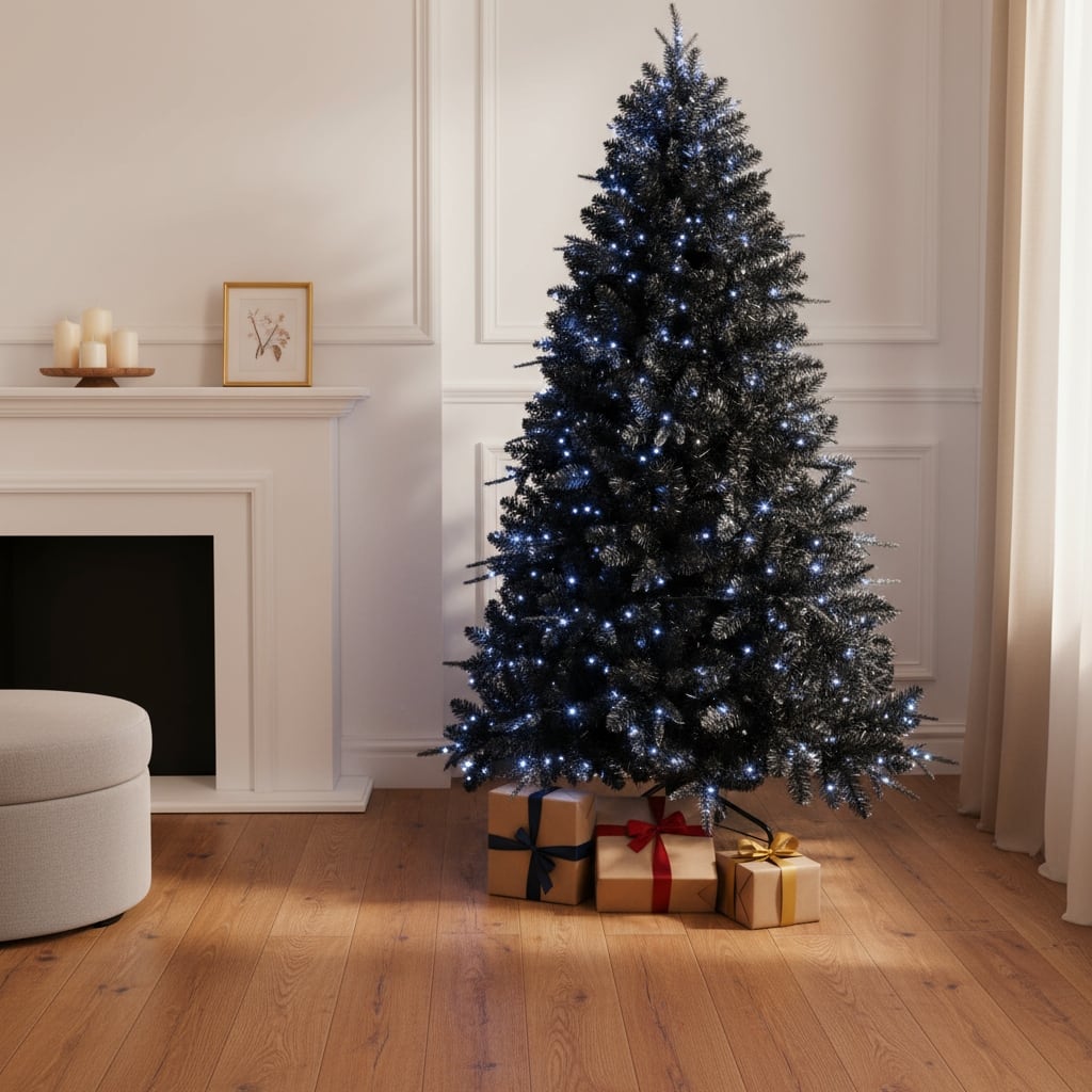 HomeRoots 6' Black Pre Lit Full Fir Christmas Tree - 49.00 in. x 72.00 in. x 49.00 in.