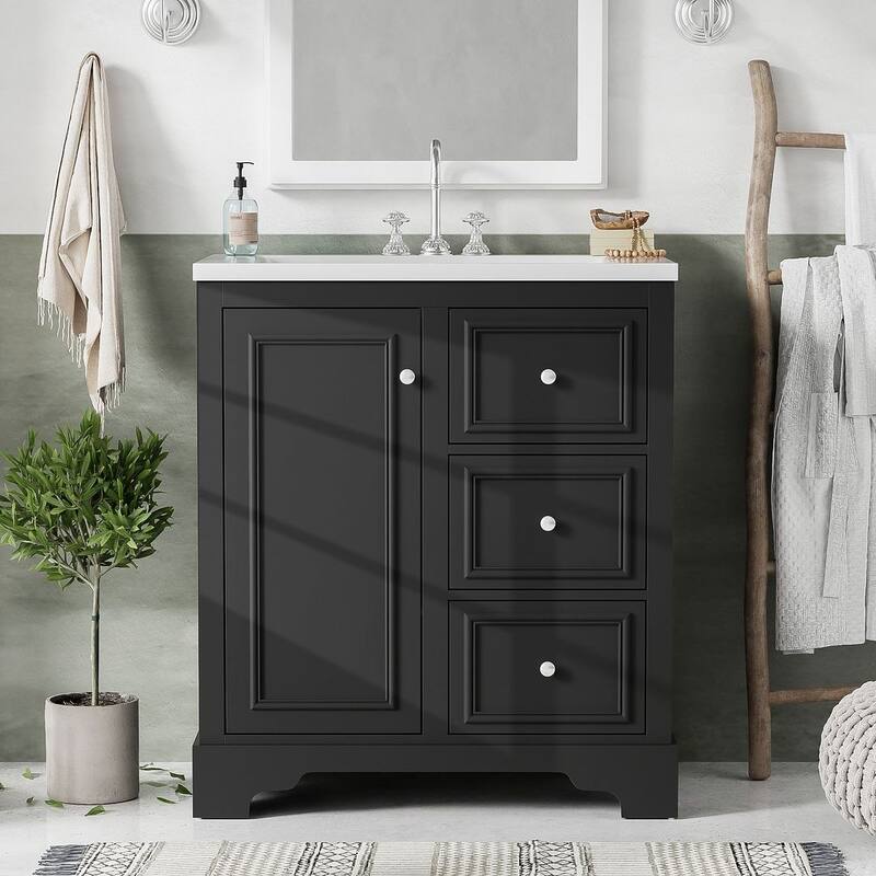30'' Bathroom Vanity with Top Sink, Freestanding Vanity Set with Mirror Cabinet - Black-Only Bathroom Vanity Cabinet with Sink