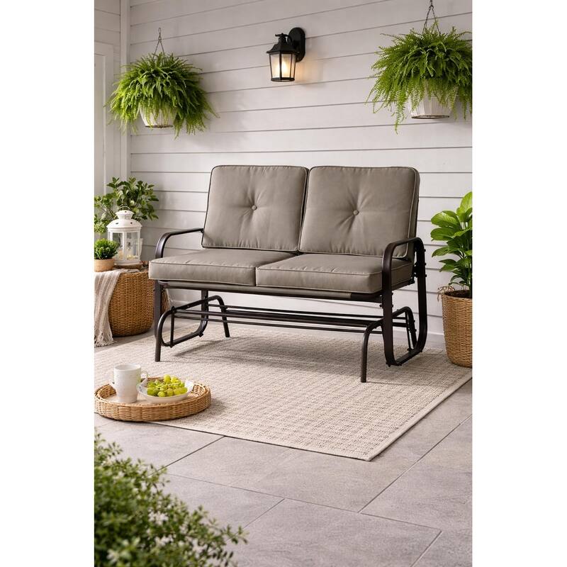 Winston 2-Person Brown Steel Outdoor Loveseat Glider with Polyester Tan Cushion - N/A