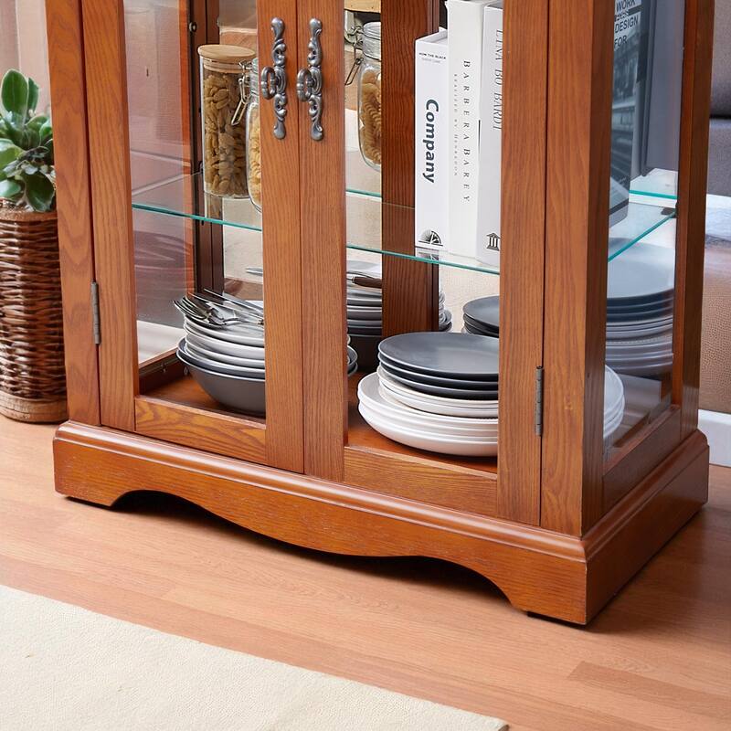 Lighted Glass Display Cabinet with Adjustable Shelves, Wood Frame and Six-Tier Design, Bulb Included