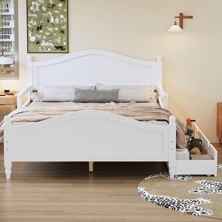 Full Size Wooden Platform Bed with Guardrails and 2 Storage Drawers