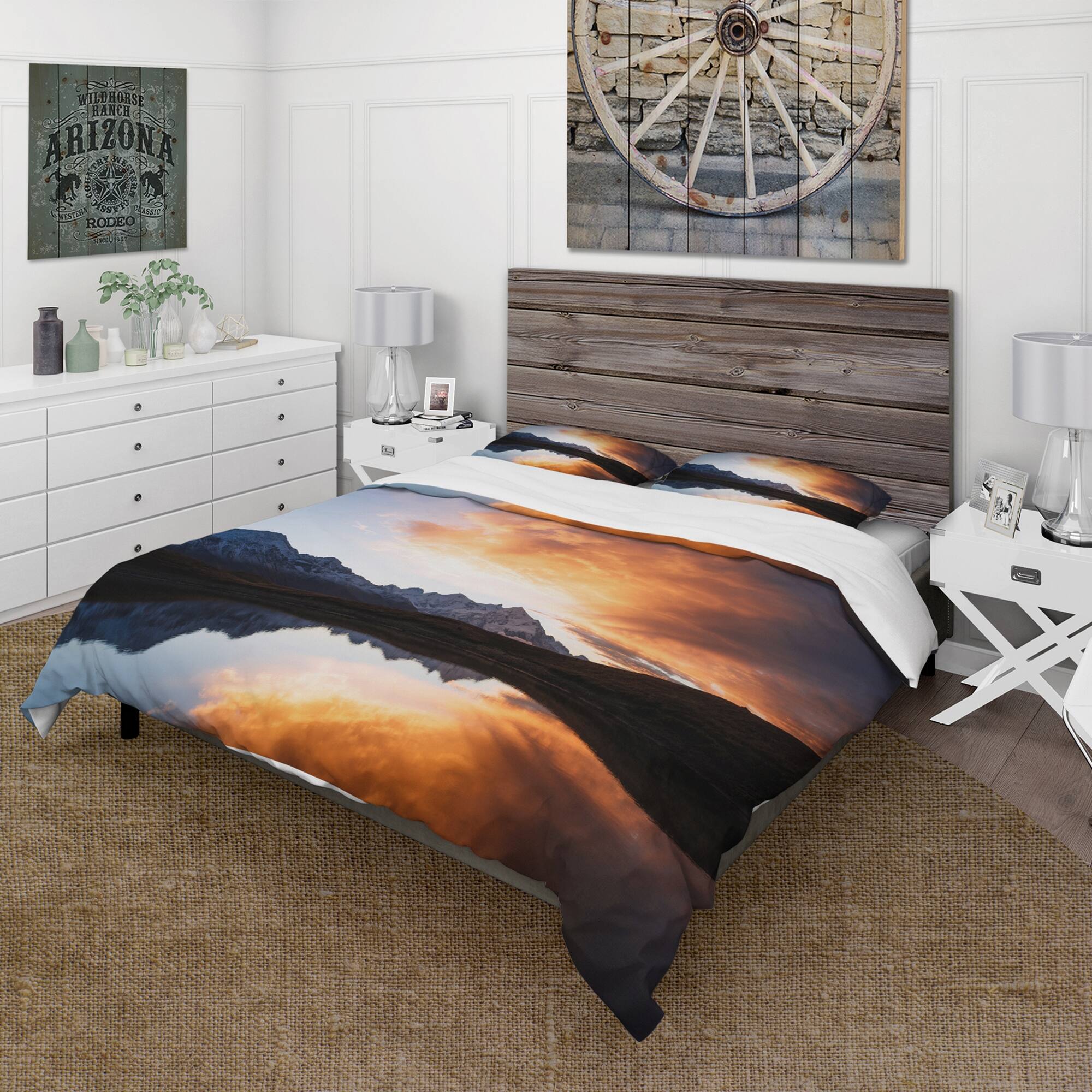 Designart 'Sunset Sky Reflected Over Mountain Lake' Lake House Duvet